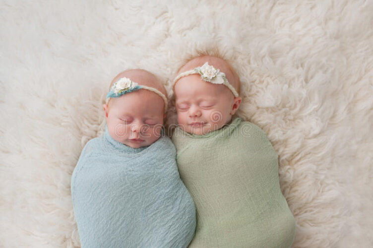 Sleeping Twin Baby Girls Seven Week Old Fraternal Swaddled White Flokati Rug One Sister Smiling 58002136